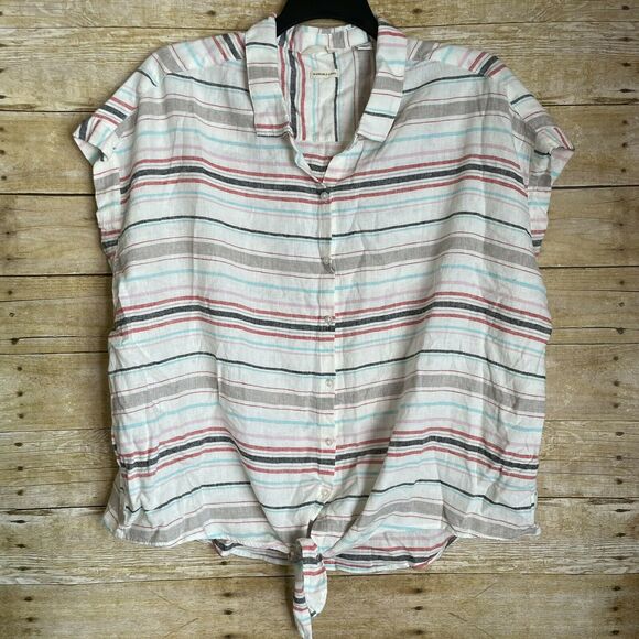 Weatherproof Vintage Washable Linen Striped Shirt - Size XXL - Tie Front Top - Picture 1 of 7